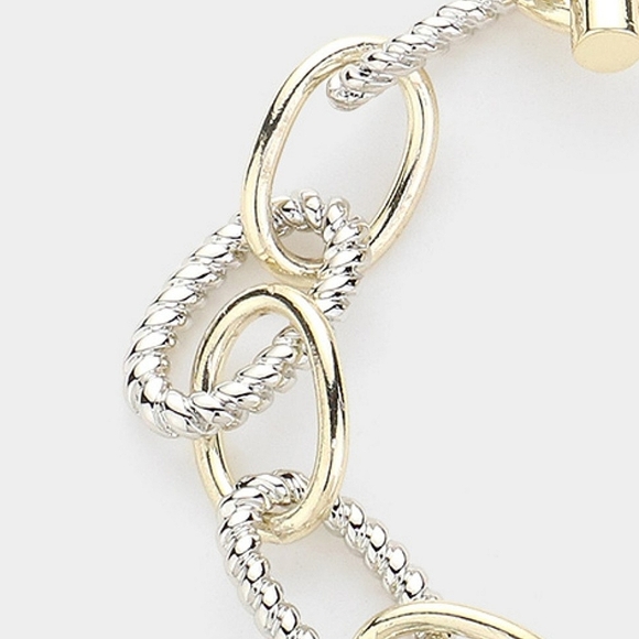 Silver Gold Pearl CZ Stone Two Tone Metal Chain Link Toggle Bracelet - Picture 3 of 4